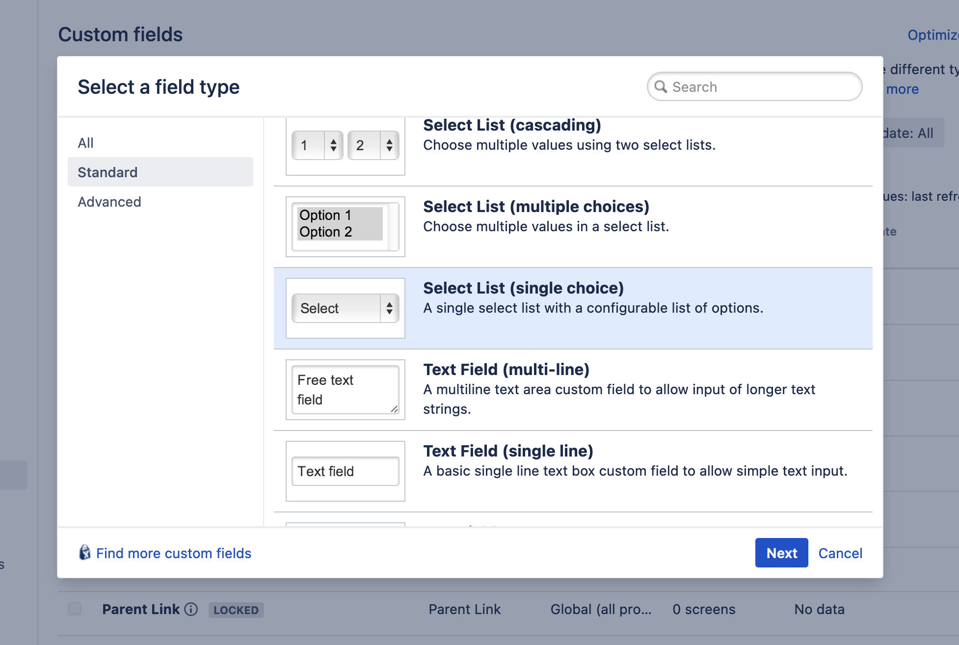 Choosing type single select for the custom field