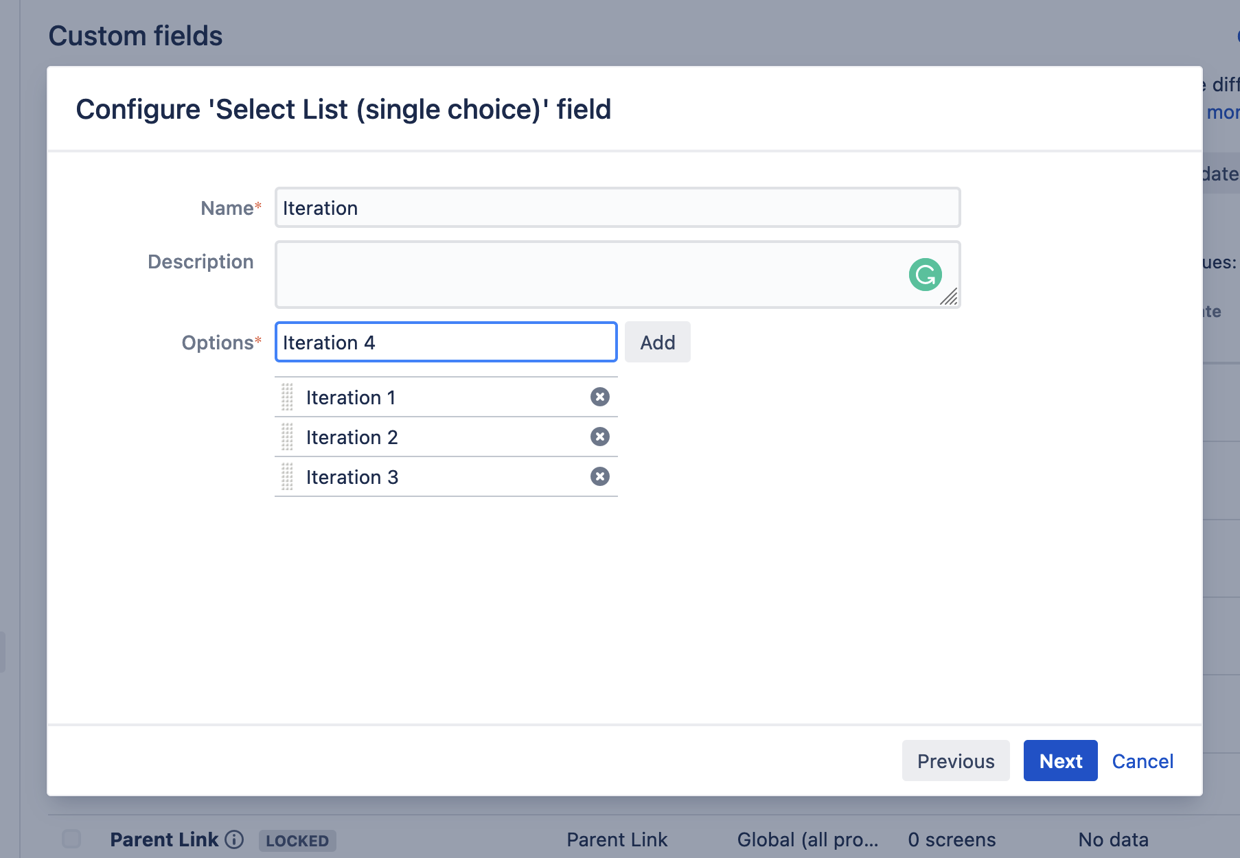 Defining options for the custom field